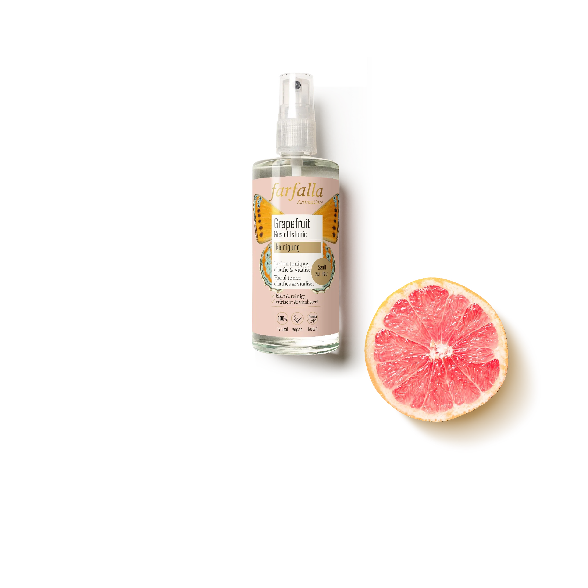 farfalla Grapefruit Gesichterfrische Reinigung mit frischer Grapefruithälfte, helle Aufnahme, Galerie Position 1, Schweizer Aromatherapie