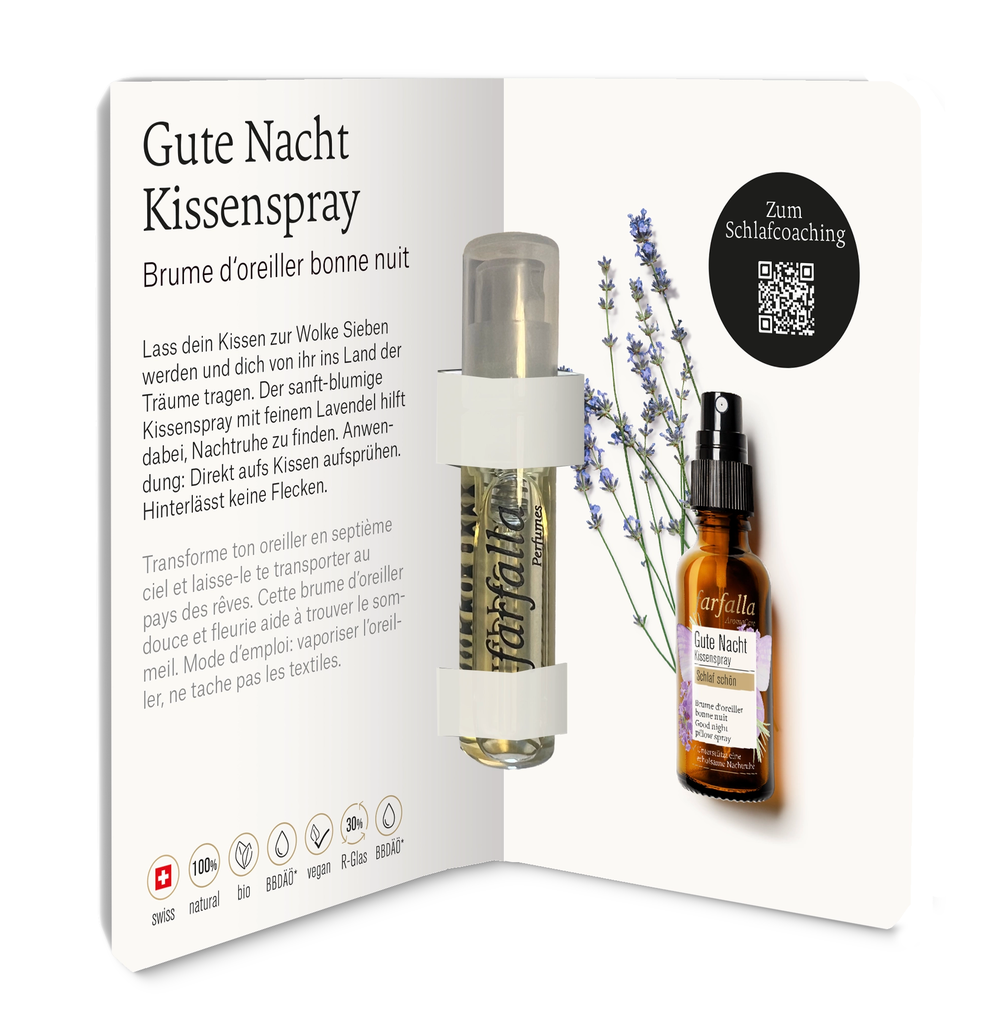 Probe Kissenspray Gute Nacht Schlaf schön mit Schweizer Aromatherapie, Bio ätherischen Ölen und veganer Rezeptur, Galerie Position 1.