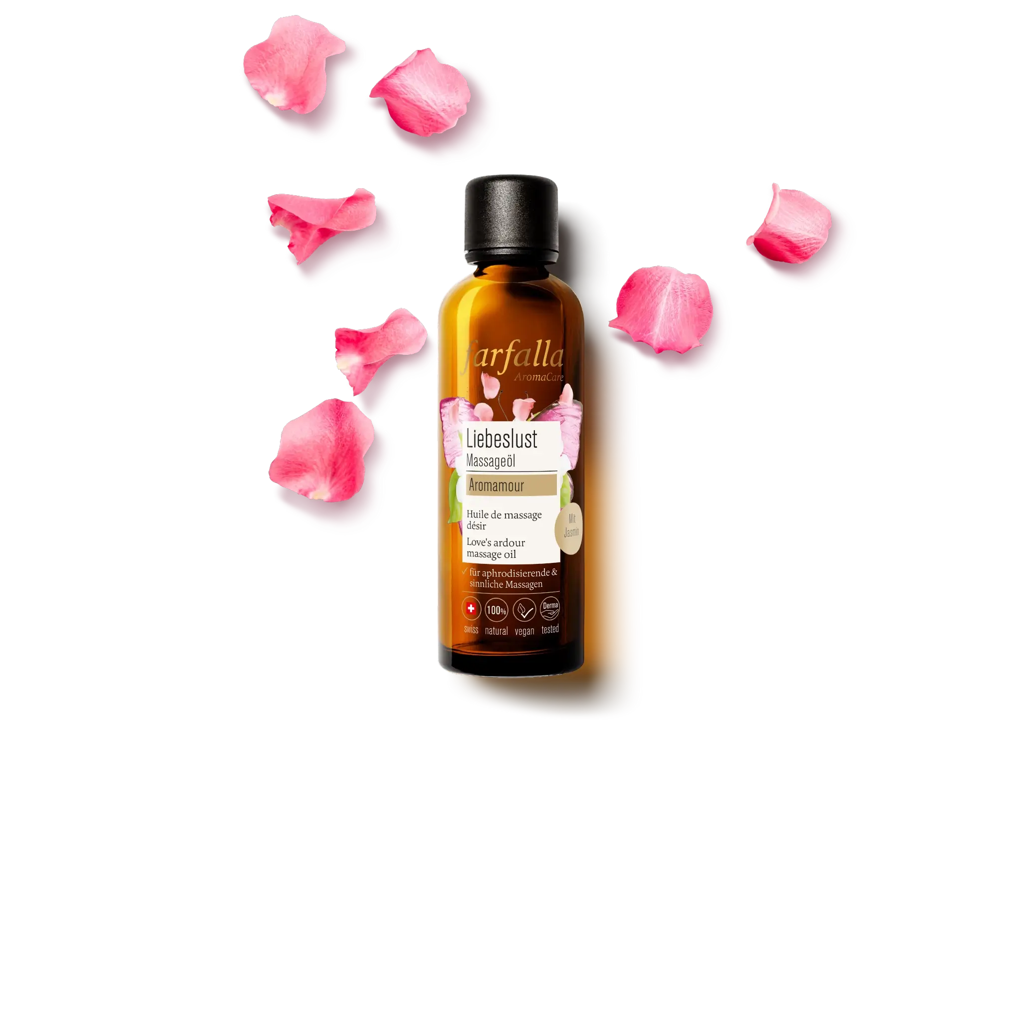 braune farfalla Liebeslust Massageöl Flasche mit rosa Rosenblättern, Galerie Position 1, zertifizierte Naturkosmetik Schweiz