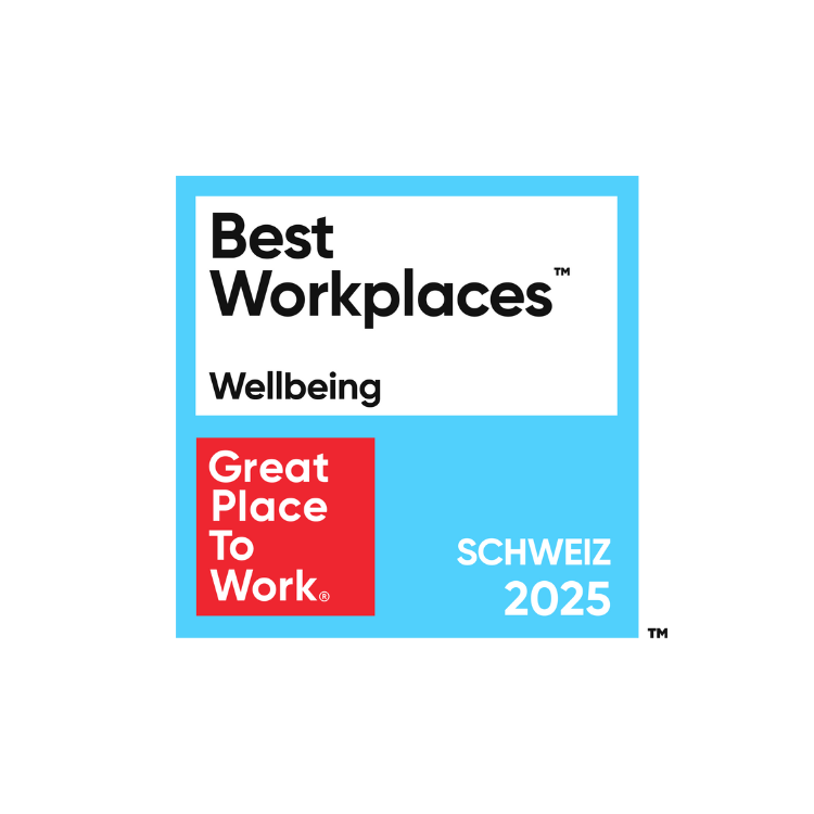Best Workplaces Wellbeing Logo 2025 in Blau und Rot, Galerie Position 1, Schweizer nachhaltige Herstellung und vegane Rezepturen