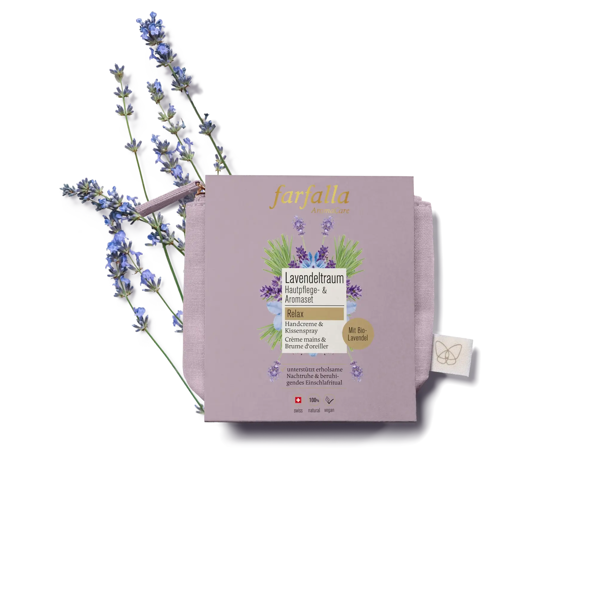 farfalla Lavendeltraum Aromaset mit Lavendelzweigen auf hellem Hintergrund, Galerie Position 1, Schweizer Aromatherapie