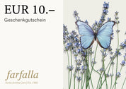 Digitaler Geschenkgutschein 10 Euro mit Lavendelzweigen und Schmetterling, farfalla Aromatherapie und zertifizierte Naturkosmetik Schweiz.