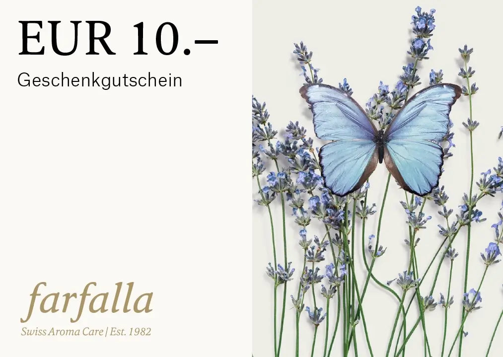 Digitaler Geschenkgutschein 10 Euro mit Lavendelzweigen und Schmetterling, farfalla Aromatherapie und zertifizierte Naturkosmetik Schweiz.
