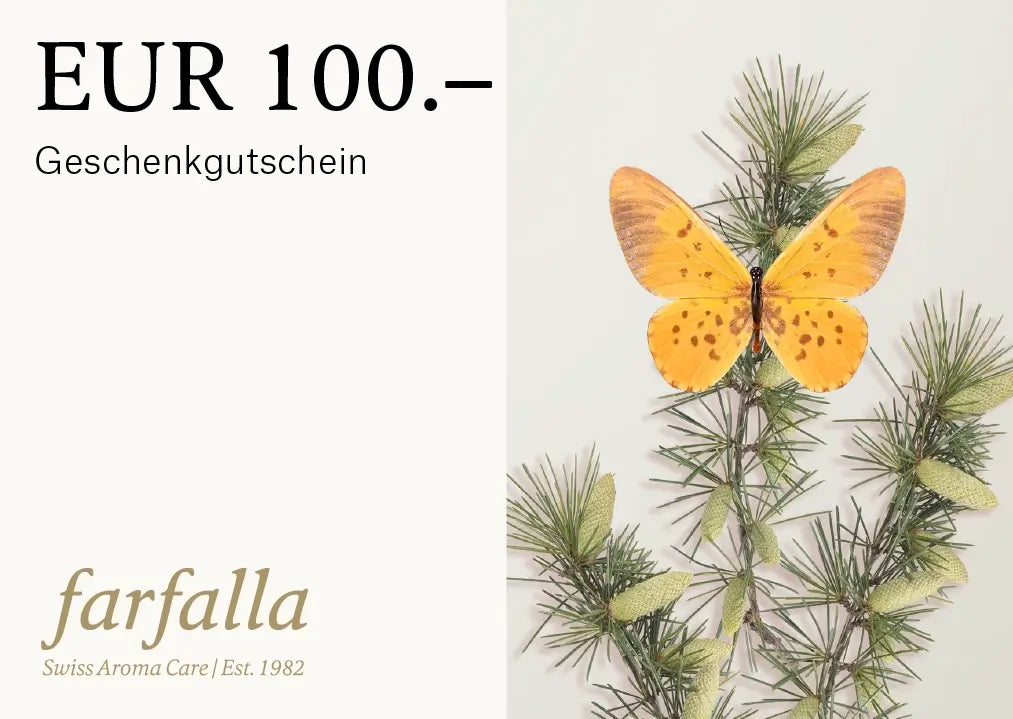 digitaler Geschenkgutschein 100 Euro mit orangefarbenem Schmetterling und Schweizer Aromatherapie, zertifizierter Naturkosmetik