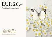 digitaler Geschenkgutschein 20 Euro mit Schmetterling auf Kamillenblüten, farfalla Aromatherapie und zertifizierte Naturkosmetik Schweiz