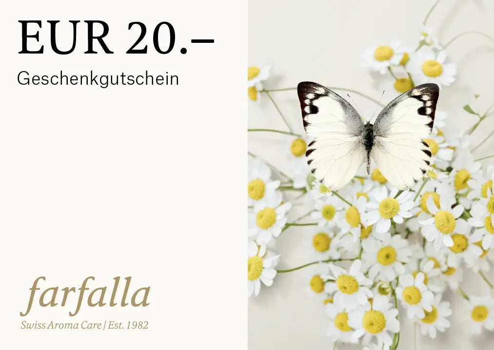 digitaler Geschenkgutschein 20 Euro mit Schmetterling auf Kamillenblüten, farfalla Aromatherapie und zertifizierte Naturkosmetik Schweiz