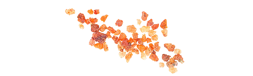 kleine bernsteinfarbene Harzstückchen auf weißem Hintergrund, Schweizer Aromatherapie, Bio ätherische Öle, Galerie Position 1, zertifizierte Naturkosmetik