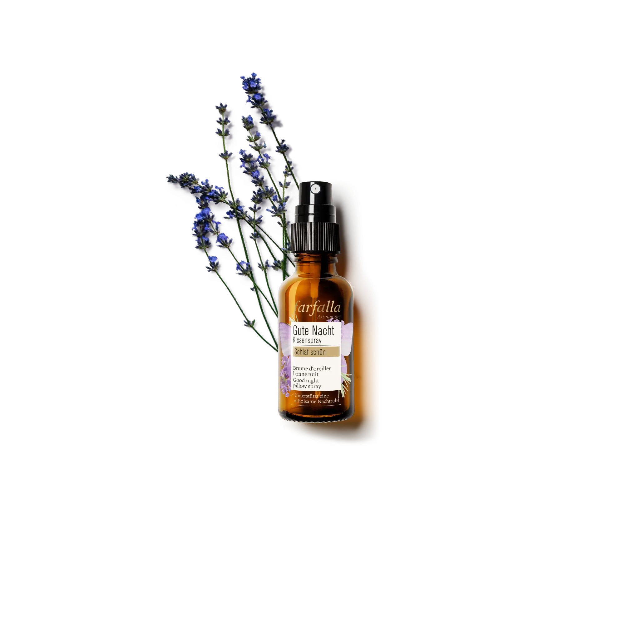 braunes Sprayfläschchen farfalla Gute Nacht Raumspray mit Lavendelblüten, Galerie Position 1, Schweizer Aromatherapie und zertifizierte Naturkosmetik