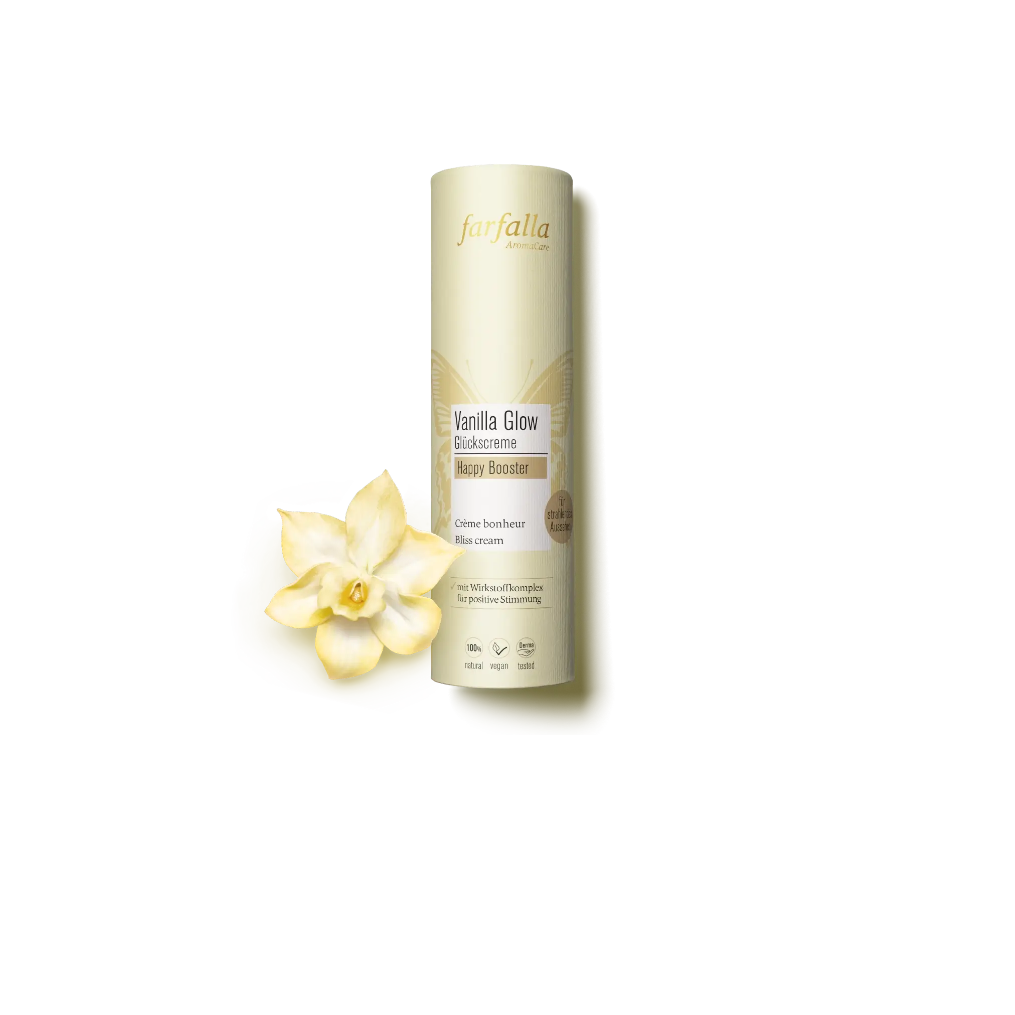 farfalla Vanilla Glow Glückscreme mit Vanilleblüte, Galerie Position 1, Schweizer Aromatherapie, vegane Rezeptur, zertifizierte Naturkosmetik