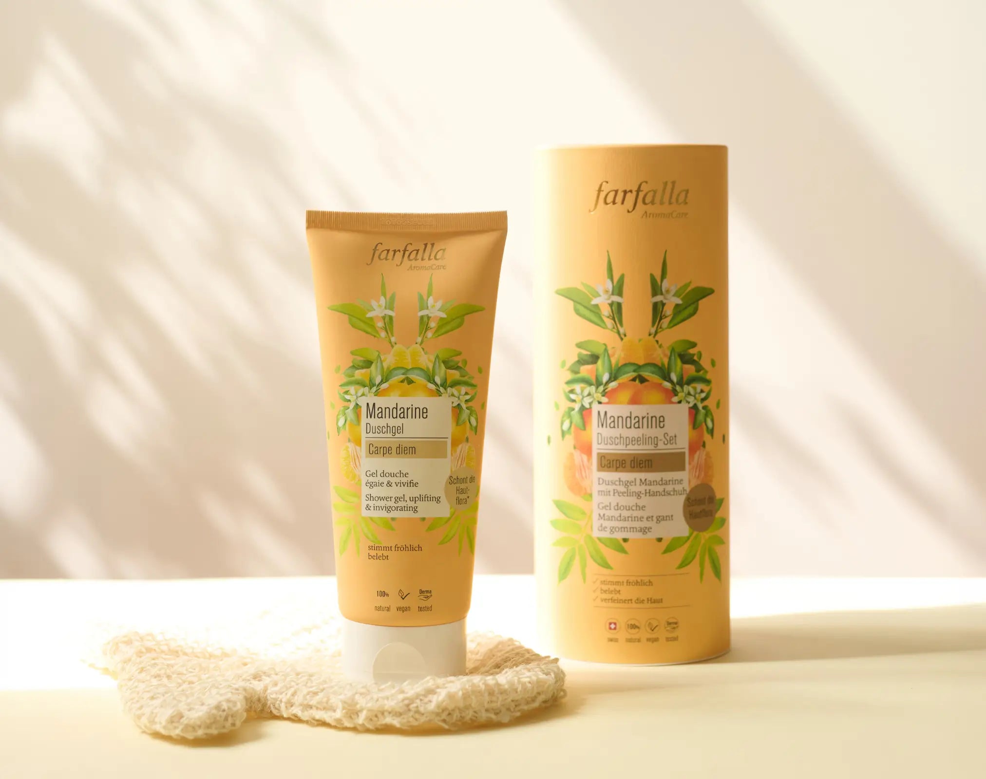 farfalla Mandarine Duschgel mit passender Verpackung und Naturtextur, Galerie Position 1, Schweizer Aromatherapie